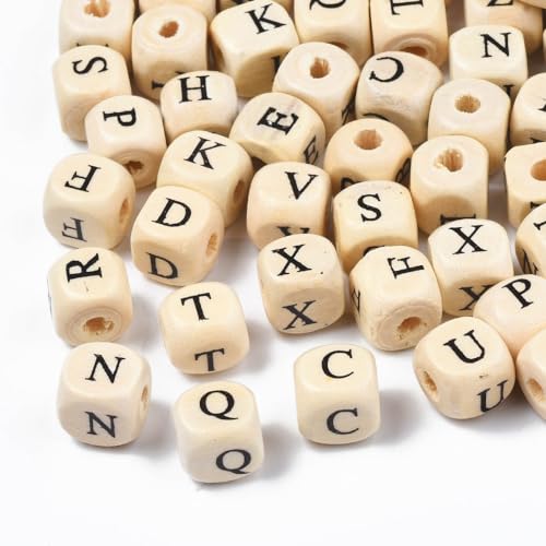 DanLingJewelry 1000 Stück zufällige 10 mm quadratische Alphabet-Holzperlen, großes Loch, natürlicher Würfel, 26 Buchstaben A-Z, Holz-Abstandshalter für Schmuckherstellung, DIY-Projekte von DanLingJewelry