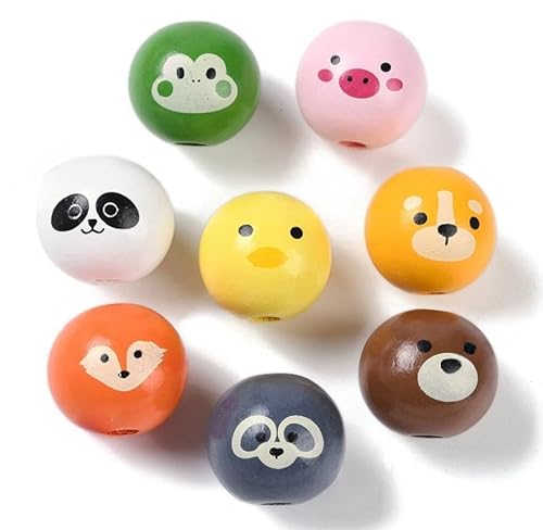 DanLingJewelry 110 Stück 11 Stile niedliche Tierkopf-runde Holzperlen europäische Holzperlen großes Loch Hund Schwein Fuchs Bär Frosch Gesicht Holzperlen Abstandshalter Perlen für Schmuckherstellung von DanLingJewelry