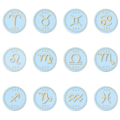 DanLingJewelry 12 x hellblaue Silikonperlen mit zwölf Sternbildern, flach, rund, Sternzeichen, Brennzeichen, lose Gummiperlen für Stifte, Charaktere, Schlüsselanhänger von DanLingJewelry