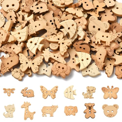 DanLingJewelry 120 Stück Tier-Bastelknöpfe mit 2 Löchern, Kaninchen, Schmetterling, Bär, Hund, Katze, unlackiertes Holz, dekorative Knöpfe für DIY, Nähen, Basteln, Scrapbooking DanLingJewelry 120 Stück Tier-Bastelknöpfe mit 2 Löchern, Kaninchen, Schmetterling, Bär, Hund, Katze, unlackiertes Holz, dekorative Knöpfe für DIY, Nähen, Basteln, Scrapbooking von DanLingJewelry