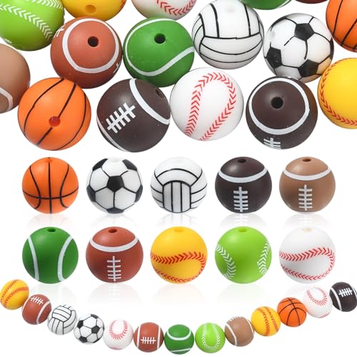 DanLingJewelry 20 Stück 15 mm Sport Thema Perlen Basketball Fußball Volleyball Silikon Perlen Sport Silikon Perlen für Stift Schmuck Herstellung von DanLingJewelry