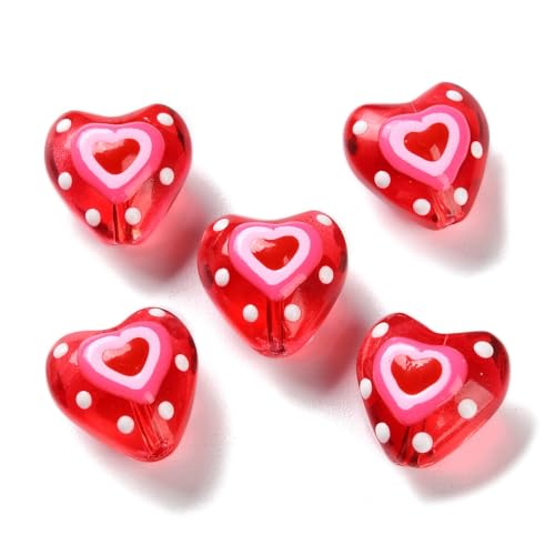 DanLingJewelry 20 Stück rote süße Herz-Lampwork-Perlen, handgefertigt, sperrige Glasemaille, Liebesherz-Perlen für Schmuckherstellung, Armbänder, Basteln von DanLingJewelry