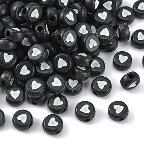 DanLingJewelry 200 Stück schwarze Acryl weiße Herzperlen flache runde Perlen mit Herz Mini Disc Münze Pony Perlen für DIY Schmuckherstellung von DanLingJewelry