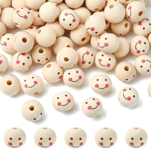 DanLingJewelry 200 Stück zufällige 20 mm unlackierte Naturholzperlen mit fröhlichem Gesichtsdruck, runde Perlen für DIY-Schmuckherstellung von DanLingJewelry