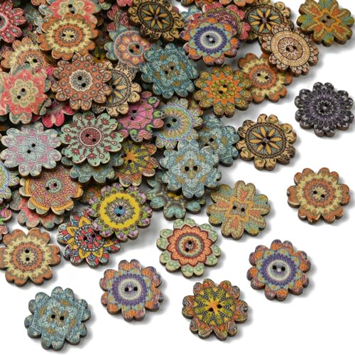 DanLingJewelry 200 Stück zufällige Farbe 20 mm Holzknöpfe Vintage Blume Floral Knöpfe Dekorative Knöpfe mit 2 Löchern für DIY Nähen Handwerk von DanLingJewelry