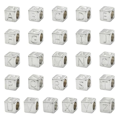 DanLingJewelry 26 Stück 7 mm Würfel Buchstaben Edelstahl Europäische Perlen 5 mm großes Loch Metall A-Z Alphabet Abstandshalter Perlen für Schmuckherstellung DIY Armbänder Halsketten von DanLingJewelry