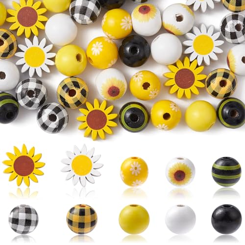 DanLingJewelry Sonnenblumen-Holzperlen-Set, 16 mm, rund, gelb, schwarz, weiß, Holzperlen, Bauernhaus-Perlen für Schmuckherstellung, 50 Stück DanLingJewelry Sonnenblumen-Holzperlen-Set, 16 mm, rund, gelb, schwarz, weiß, Holzperlen, Bauernhaus-Perlen für Schmuckherstellung, 50 Stück von DanLingJewelry