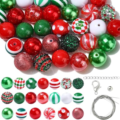 DanLingJewelry 50 Stück 20 mm große Weihnachts-Bubblegum-Perlen in Rot und Grün, klobige Acrylperlen, lose Perlen für Schmuck, DIY, Basteln von DanLingJewelry