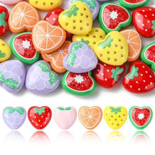 DanLingJewelry 50 Stück zufällige schöne Obst-Acrylperlen in Herzform, Erdbeere, Zitrone, Wassermelone, Pfirsich, Traubenperlen für Schmuckherstellung, DIY von DanLingJewelry