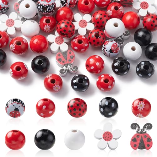 DanLingJewelry 50Pcs 16mm Wooden Round Beads White Red Black Wood Beads Ladybug Wooden Beads for DIY Party Decoration Bracelets Making von DanLingJewelry