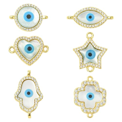 DanLingJewelry 6 Stück Muschel-Zirkonia, böser Blick, Glieder-Herz, Stern, Kreuz, handgeformt, Armband, Halskette, Verbindungsstücke für Schmuckherstellung, DIY DanLingJewelry 6 Stück Muschel-Zirkonia, böser Blick, Glieder-Herz, Stern, Kreuz, handgeformt, Armband, Halskette, Verbindungsstücke für Schmuckherstellung, DIY von DanLingJewelry