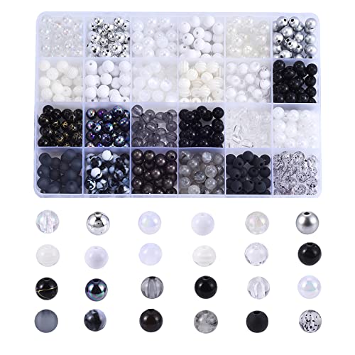 DanLingJewelry 600 Stück, 24 Stile, 8 mm, schwarze und weiße Serie, Acrylperlen, Kunstharz, kleine runde Perlen für Halsketten, Armbänder von DanLingJewelry