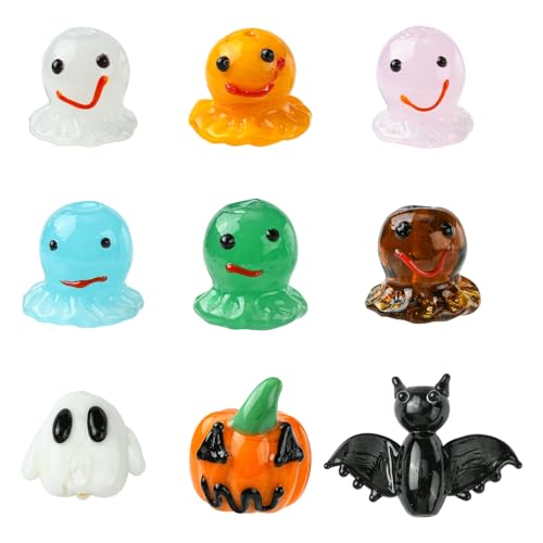 DanLingJewelry 9 Stück gemischte Halloween-Themen, handgefertigte Lampwork-Perlen, kreative Geist, Kürbis, Fledermaus, Glasperlen für Schmuckherstellung von DanLingJewelry