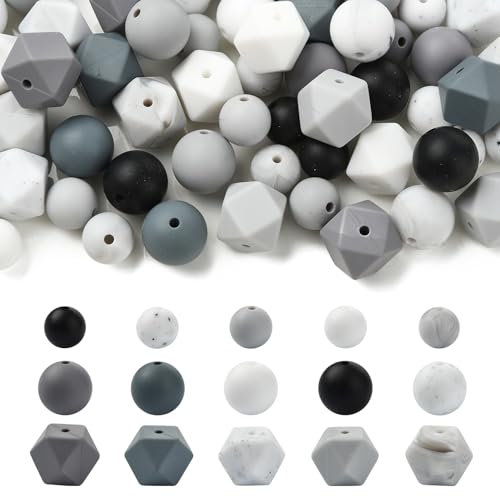 DanLingJewelry Silikonperlen, rund, sechseckig, lose Gummi-Silikonperlen für DIY-Schlüsselanhänger, Schmuckherstellung, Schwarz, Weiß, Grau, 100 Stück DanLingJewelry Silikonperlen, rund, sechseckig, lose Gummi-Silikonperlen für DIY-Schlüsselanhänger, Schmuckherstellung, Schwarz, Weiß, Grau, 100 Stück von DanLingJewelry