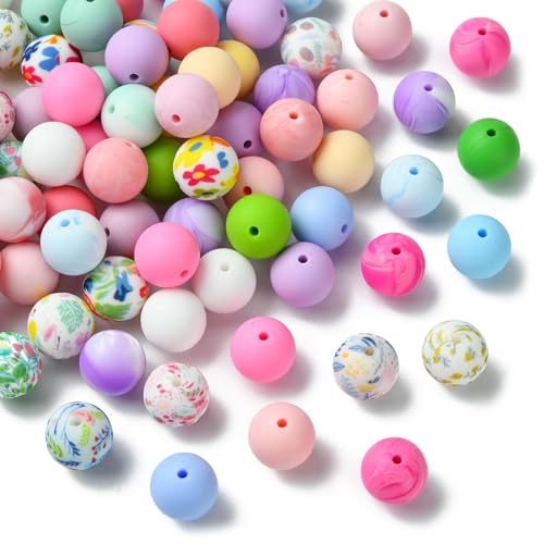 DanLingJewelry Silikonperlen mit Frühlingsmotiven, 15 mm, rund, Blumendruck, Silikonperlen, lose Gummiperlen für Schlüsselanhänger, Stifte, Schmuckherstellung, 120 Stück von DanLingJewelry