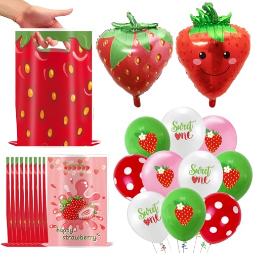 18 Stück Erdbeer Luftballons, 10 Stück Erdbeer Geschenktüten, Folienballon Obst, Erdbeeren Deko, Erdbeere Folienballon für Mädchen Geburtstagdeko Motto Party Dekorationen von Danbghyuo
