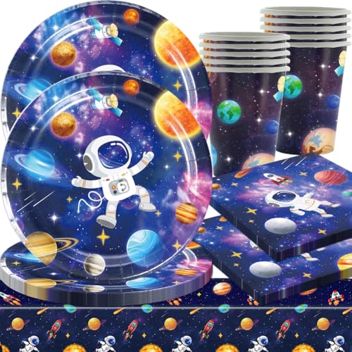 41 Stück Weltraum Partygeschirr, Geburtstag Geschirrset, Weltraum Astronaut Pappteller Becher Servietten Tischtücher für Geburtstag Deko, Astronaut Partygeschirr 10 Gäste von Danbghyuo