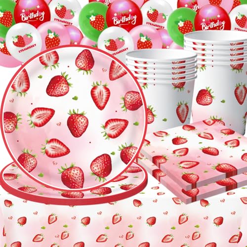 57 PCS Erdbeer Geburtstag Partydekorationen,Erdbeere Druck Teller,Erdbeeren Thema Geburtstagsdeko,Sommer Obst Geschirr Set Erdbeer Party Teller, Tassen, Tischdecken, Luftballons von Danbghyuo