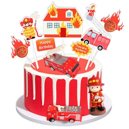 Feuerwehrmann Tortendeko,Feuerwehrauto Cake Topper,Feuerwehrmann Kuchen Dekorationen Zubehör,Happy Birthday Kindergeburtstag Torte Deko,Zubehör für Cupcake Party Geburtstagsfeier von Danbghyuo