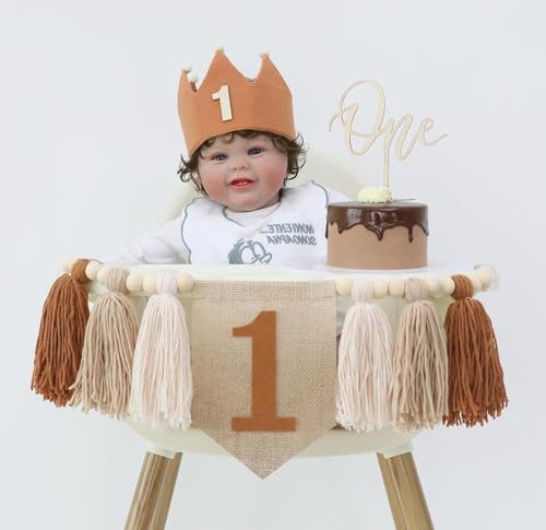 Baby 1. Geburtstag Hochstuhl Banner Dekorationen mit Geburtstagskrone Hut One Cake Topper für Foto Hintergrund (Braun) von Danduolai
