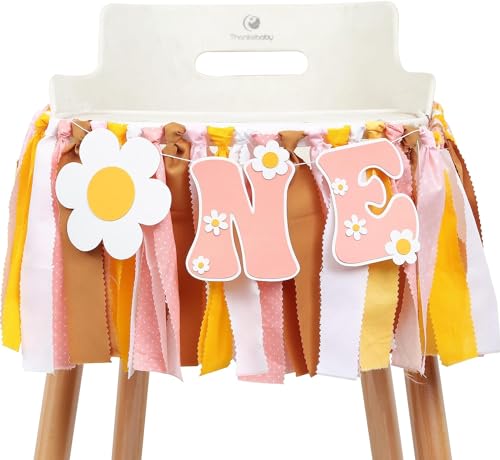 Groovy One First Birthday Hochstuhl-Banner – groovige Babyparty, Hippie-Hochstuhl-Banner, Gänseblümchen-Girlande, Kuchen-Hintergrund von Danduolai