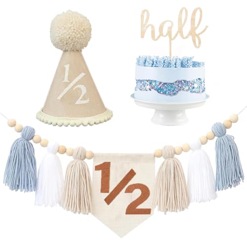 Hochstuhl-Banner für 1/2 halben Geburtstag, Dekoration für erste Jungen, Khaki, Kegelhut mit einem Tortenaufsatz, Fotohintergrund (Blau 1/2) von Danduolai