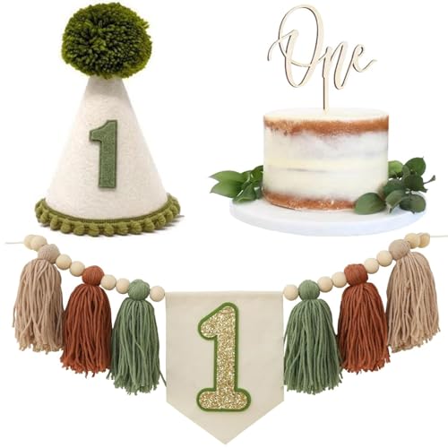 Hochstuhl-Banner zum 1. Geburtstag, Dekoration für erste Jungen, Khaki-Kegelhut mit einem Tortenaufsatz, Fotohintergrund (Grün 2) von Danduolai