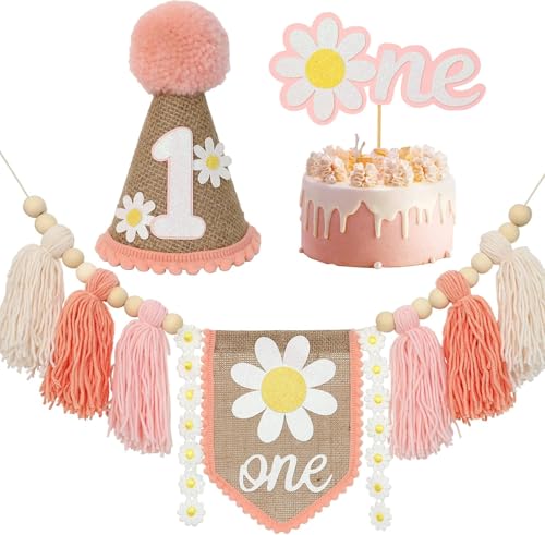 Hochstuhl-Banner zum 1. Geburtstag, Dekoration für erste Jungen, Khaki-Kegelhut mit einem Tortenaufsatz, Fotohintergrund (Pink 2) von Danduolai