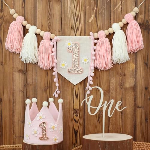 Hochstuhl-Banner zum 1. Geburtstag, Dekoration für erste Jungen, Khaki-Kegelhut mit einem Tortenaufsatz, Fotohintergrund (Pink One) von Danduolai