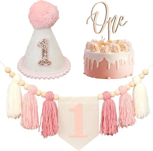 Hochstuhl-Banner zum 1. Geburtstag, Dekoration für erste Jungen, Khaki-Kegelhut mit einem Tortenaufsatz, Fotohintergrund (Pink One 3) von Danduolai