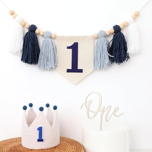 Hochstuhl-Banner zum 1. Geburtstag, Dekoration für erste Jungen, Khaki-Kegelhut mit einem Tortenaufsatz, Fotohintergrund (blau-weiß) von Danduolai