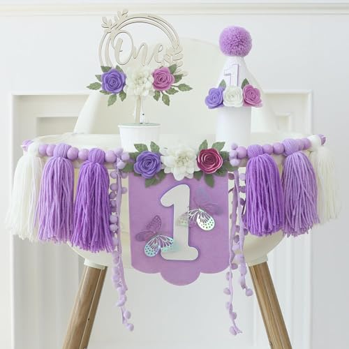 Hochstuhl-Banner zum 1. Geburtstag, Dekoration für erste Jungen, Khaki-Kegelhut mit einem Tortenaufsatz, Fotohintergrund (lila-weiß) von Danduolai