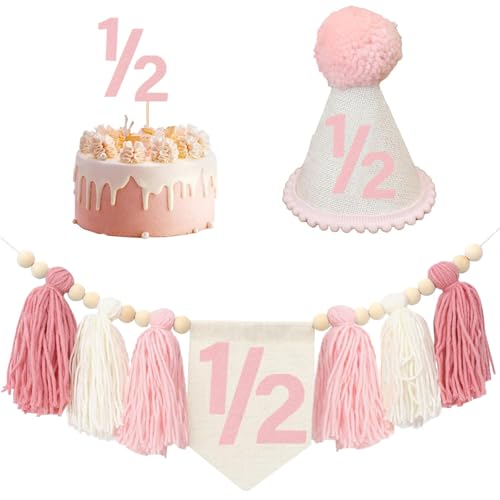 Hochstuhl-Banner zum halben Geburtstag für erste Jungen, Khaki-Kegelhut mit einem Tortenaufsatz, Fotohintergrund (Pink 1/2) von Danduolai