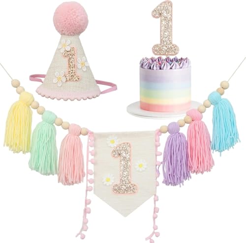 Party-Dekorationen für den ersten Geburtstag für Babys, Hochstuhl-Banner, 1. Geburtstag, Kronenhut, Kuchendekoration, handgefertigt, Quaste, Girlande, Hochstuhl-Banner, Dekoration (bunt) von Danduolai