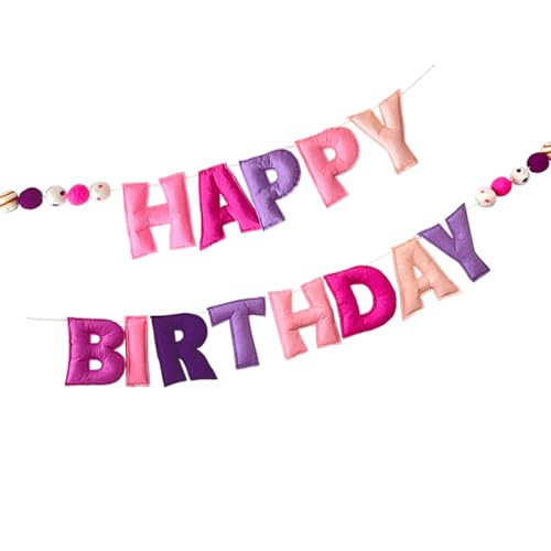 Vorbespanntes Happy Birthday Banner – Filzkugelgirlande – Happy Birthday Girlande, Regenbogen-Geburtstagsdekorationen, personalisiertes Schild für Partydekoration, Foto-Requisite (Pink 2) von Danduolai