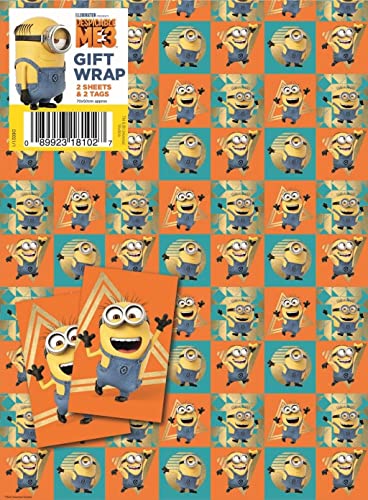 Minions Geschenkpapier, 4 Blatt, 4 Etiketten, Ich - Einfach unverbesserlich, Blatt, Größe 70 x 50 cm, offizielles Produkt, verantwortungsvoll von Danilo Promotions Limited