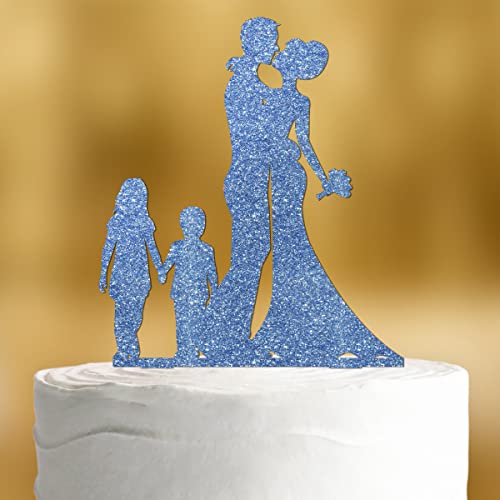 Cake Topper Brautpaar mit Kindern [großes Mädchen, kleiner Junge] - Acryl deko blau Glitzer deko Hochzeitstorte deko Kuchen deko Hochzeit Tortendekoration Verlobung Tortendeko von Dankeskarte.com