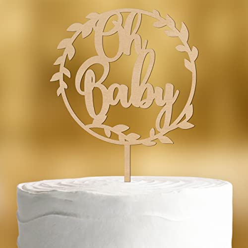 Cake Topper Oh Baby [Blätterkranz] für die Babyparty - Holz 4mm - Tortendeko Babyparty deko, Gender reveal Party deko neutral, Boy or Girl, Babyshowerparty deko von Dankeskarte.com