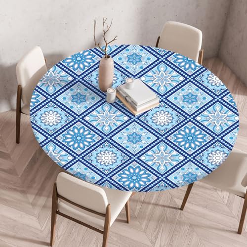 Boho Tischdecke Rund, Outdoor Tischdecke Abwaschbar Rund, Elastisch Gartentischdecke Wetterfest Tablecloth mit Gummizug für Balkon, Garten (Blau,60cm) von Danwinty