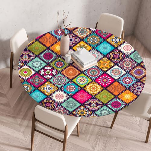 Boho Tischdecke Rund, Outdoor Tischdecke Abwaschbar Rund, Elastisch Gartentischdecke Wetterfest Tablecloth mit Gummizug für Balkon, Garten (Boho,100cm) von Danwinty