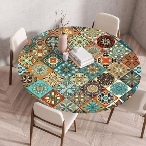 Boho Tischdecke Rund, Outdoor Tischdecke Abwaschbar Rund, Elastisch Gartentischdecke Wetterfest Tablecloth mit Gummizug für Balkon, Garten (Mandala,80cm) von Danwinty