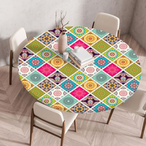 Boho Tischdecke Rund, Outdoor Tischdecke Abwaschbar Rund, Elastisch Gartentischdecke Wetterfest Tablecloth mit Gummizug für Balkon, Garten (Mode,90cm) von Danwinty