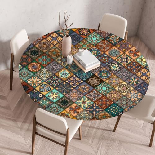 Boho Tischdecke Rund, Outdoor Tischdecke Abwaschbar Rund, Elastisch Gartentischdecke Wetterfest Tablecloth mit Gummizug für Balkon, Garten (Retro,70cm) von Danwinty