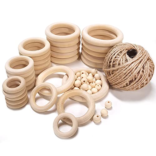DanziX 60 Stück Naturholzringe, unlackierte Holzringe und Perlen, Set für Vrafts Herstellung von Schmuck, Pflanzenaufhänger, Basteln von DanziX