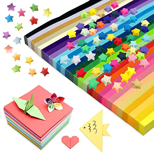 DanziX Origami-Papier, 1350 Blatt, Stern-Papierstreifen, doppelseitig, Origami-Sterne, einfarbig, Glücks- und 300 Blatt, quadratisches Origami-Papier, 10 verschiedene Farben von DanziX