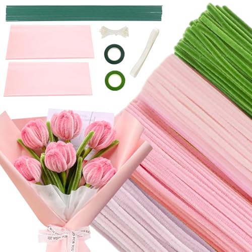 Daover Rosa Tulip Bouquet Pfeifenreiniger Set, 400 Stück Pfeifenputzer zum Basteln 4 Farben Pipe Cleaner mit Geschenkband, Klebeband, Blumenpapier, Staubblätter für DIY Geschenke und Dekorieren Daover Rosa Tulip Bouquet Pfeifenreiniger Set, 400 Stück Pfeifenputzer zum Basteln 4 Farben Pipe Cleaner mit Geschenkband, Klebeband, Blumenpapier, Staubblätter für DIY Geschenke und Dekorieren von Daover
