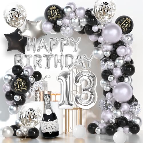 13 Geburtstag Dekoration Jungen Mädchen,Deko 13. Geburtstag Junge Mädchen Schwarz Silber,Geburtstag 13 Jahre Junge Mädchen mit Happy Birthday Balloon,Konfetti Luftballons für 13. Geburtstag von Dargds