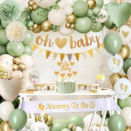 Babyparty Deko Junge, Baby Shower Deko Junge Mädchen mit Luftballoons Grün Gold,Babyparty Girlande,Mommy to Be Sash für Babyshowerparty Neutral Dschungel ,Gender Reveal Party Dekoration Boy Girl von Dargds