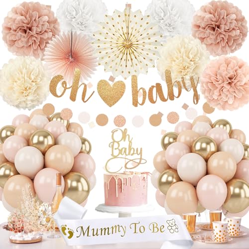 Babyparty Deko Mädchen, Baby Shower Deko mit Luftballons Beige Rosa Aprikose Gold, Babyparty Girlande, Mommy to Be Sash für Babyshowerparty Dekoration Neutral Junge Girl von Dargds