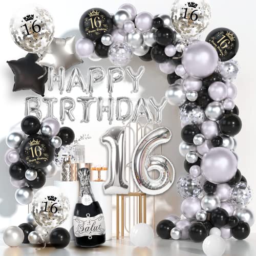 16 Geburtstag Deko Junge Mädchen Schwarz Silber,Deko 16. Geburtstag Junge Geburtstagsdeko 16 mit Happy Birthday Balloon, Luftballon 16,Konfetti Luftballons für 16 Geburtstag Dekoration Mann von Dargds